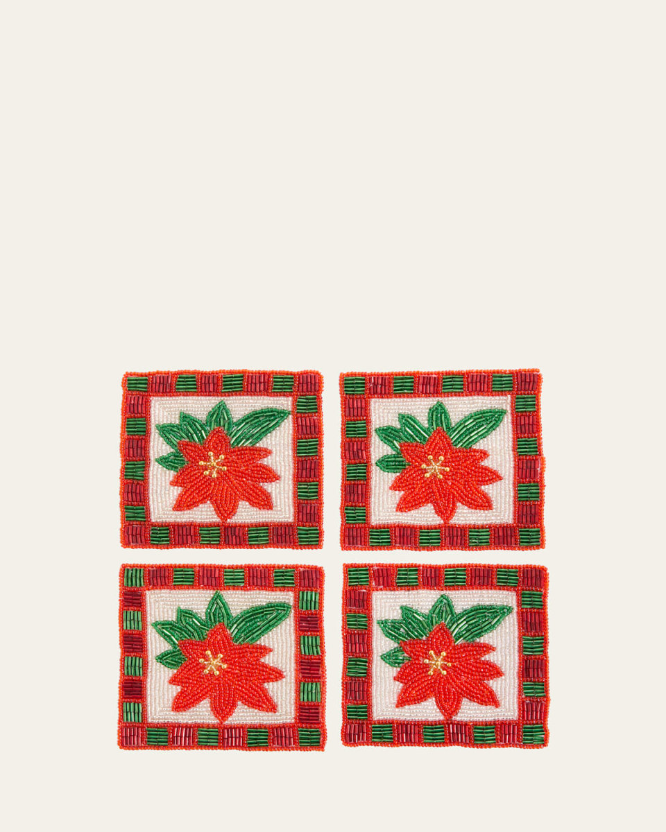 Beaded Christmas Poinsettia Coasters, Set of 4